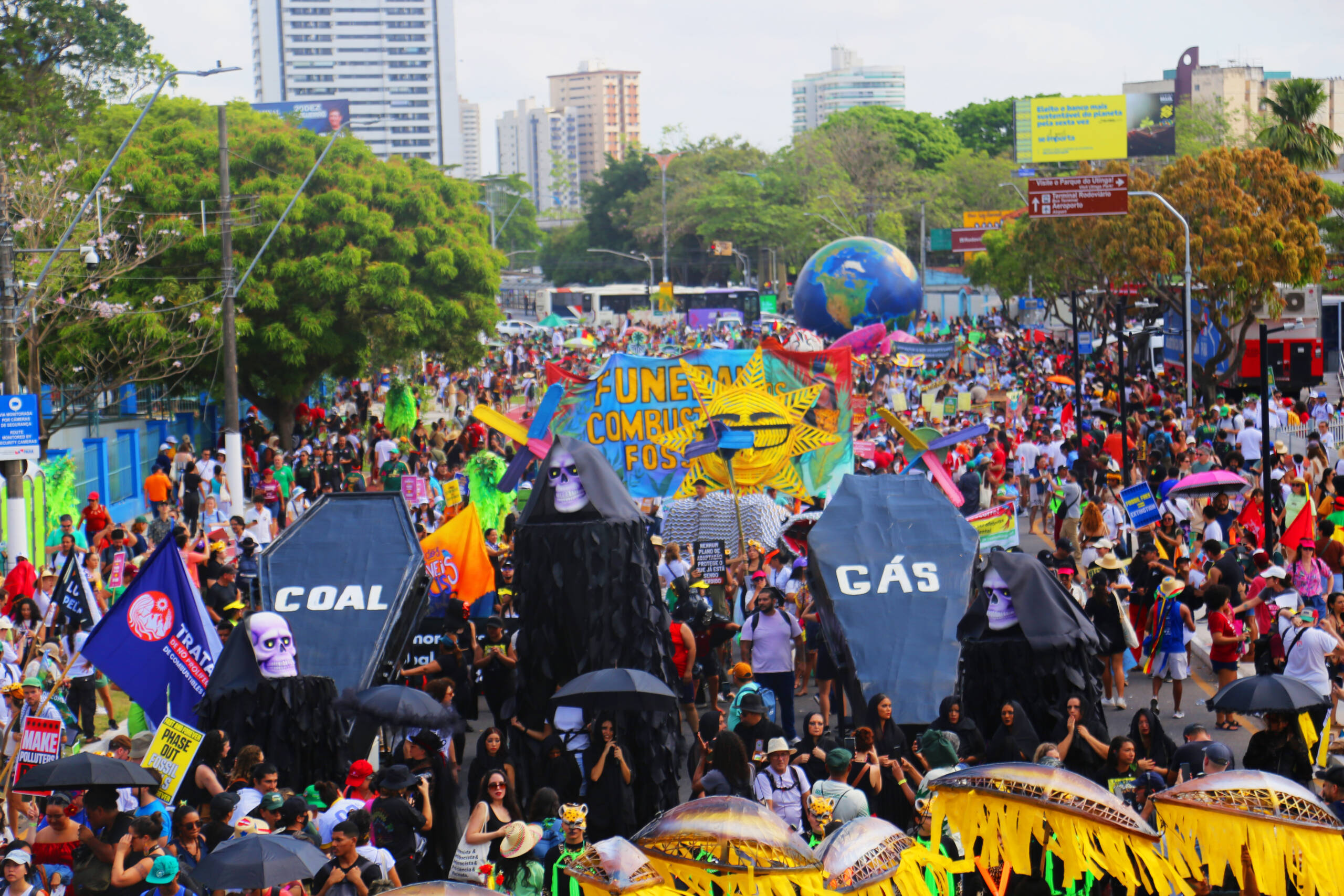People’s March for Climate Justice in Belém, Brazil with a funeral for fossil fuels. Photo: Artyc Studio
